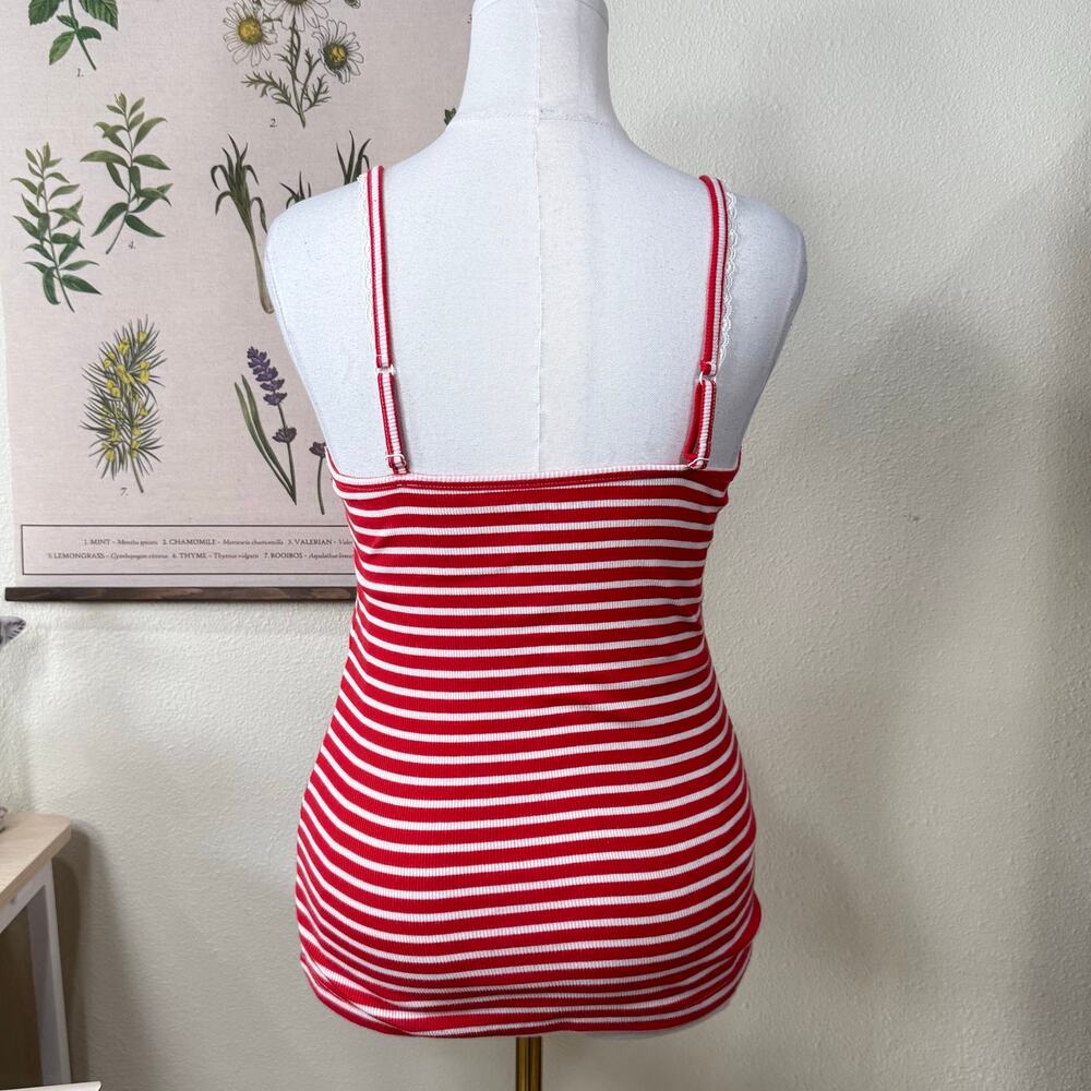 Y2k Red White Striped Lace Ribbed Knit Cami Top Coquette Classic Nautical L - Picture 5 of 8